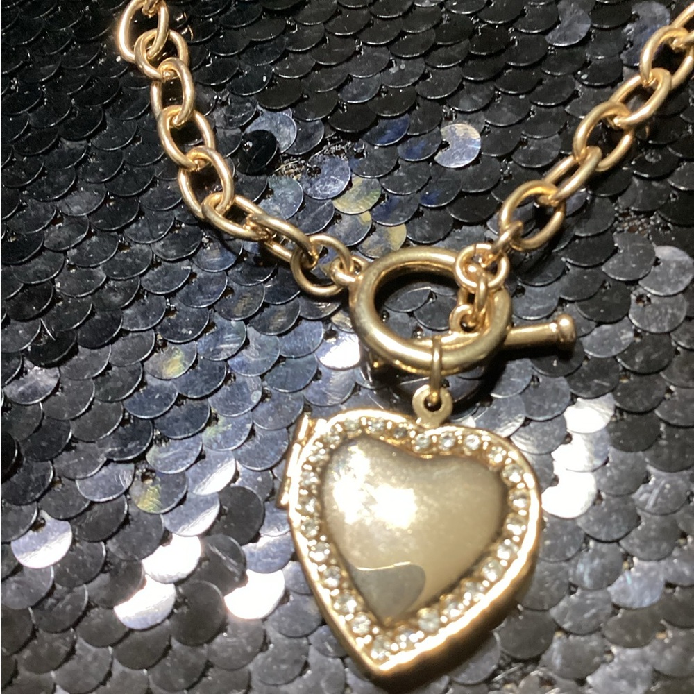 Gold Heart Locket Necklace with Crystal Accents